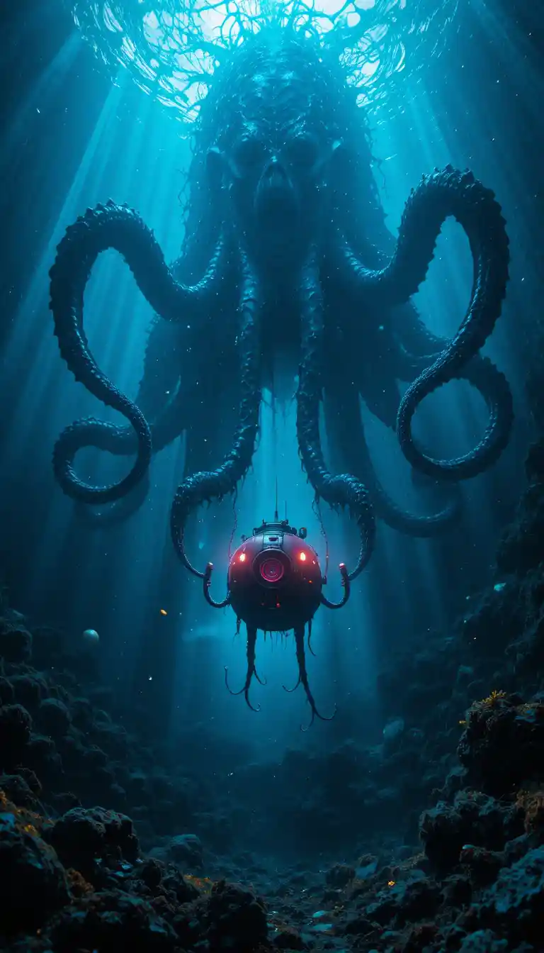 Giant bioluminescent sea monster attacking a red submersible