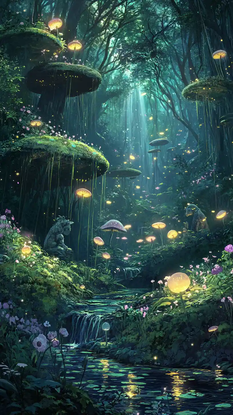 Valle de bosque mágico con plantas brillantes y diminuta hada