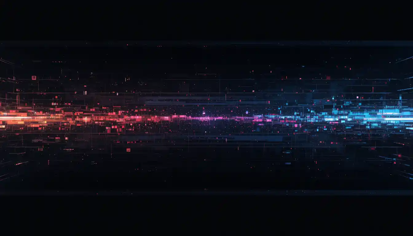 Dark abstract system interface with central negative text zone