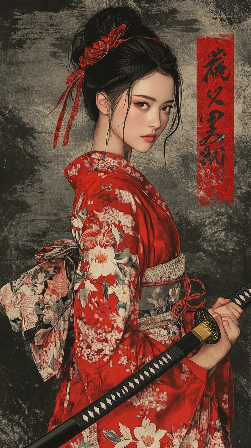 Japanese woman in red kimono holding katana portrait