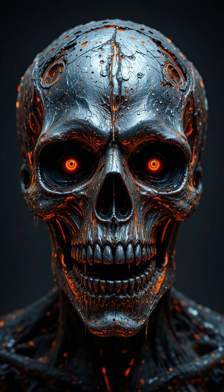 Molten lava skull with metallic eyes and broken teeth