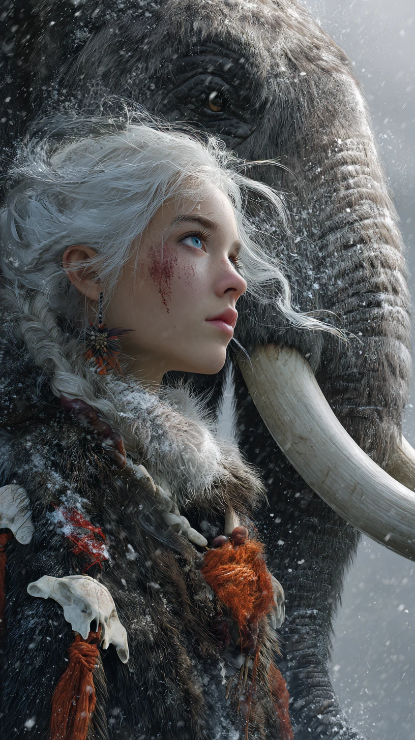Guerrera junto a un mamut en una furiosa tormenta de nieve
