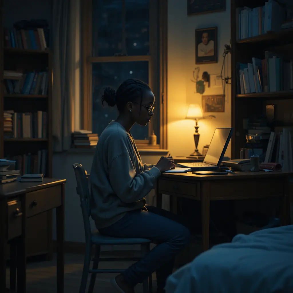 静かな寮の部屋で夜、机に向かう勉強熱心な女の子