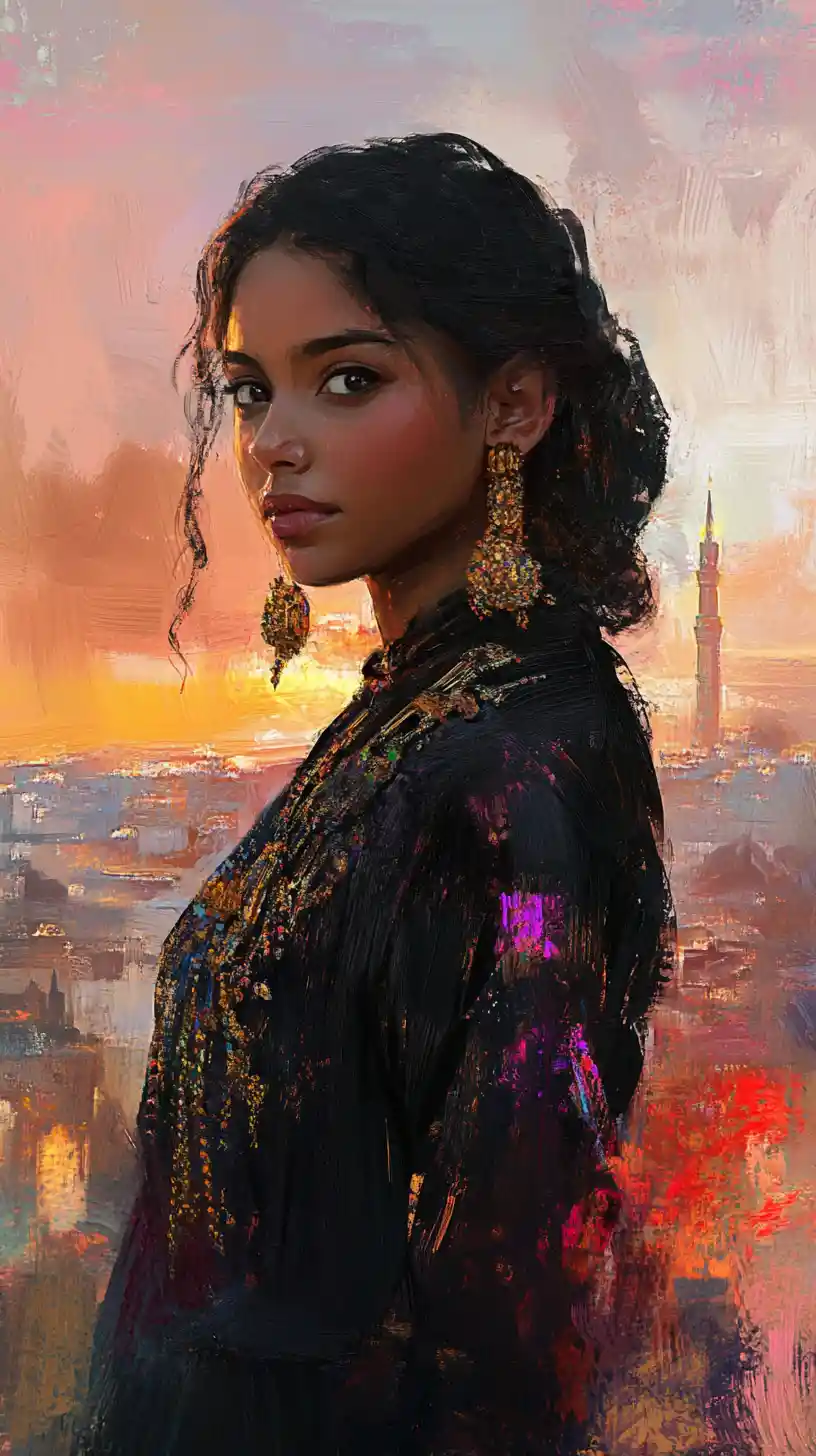 Donna algerina in karakou nero al tramonto su Algeri