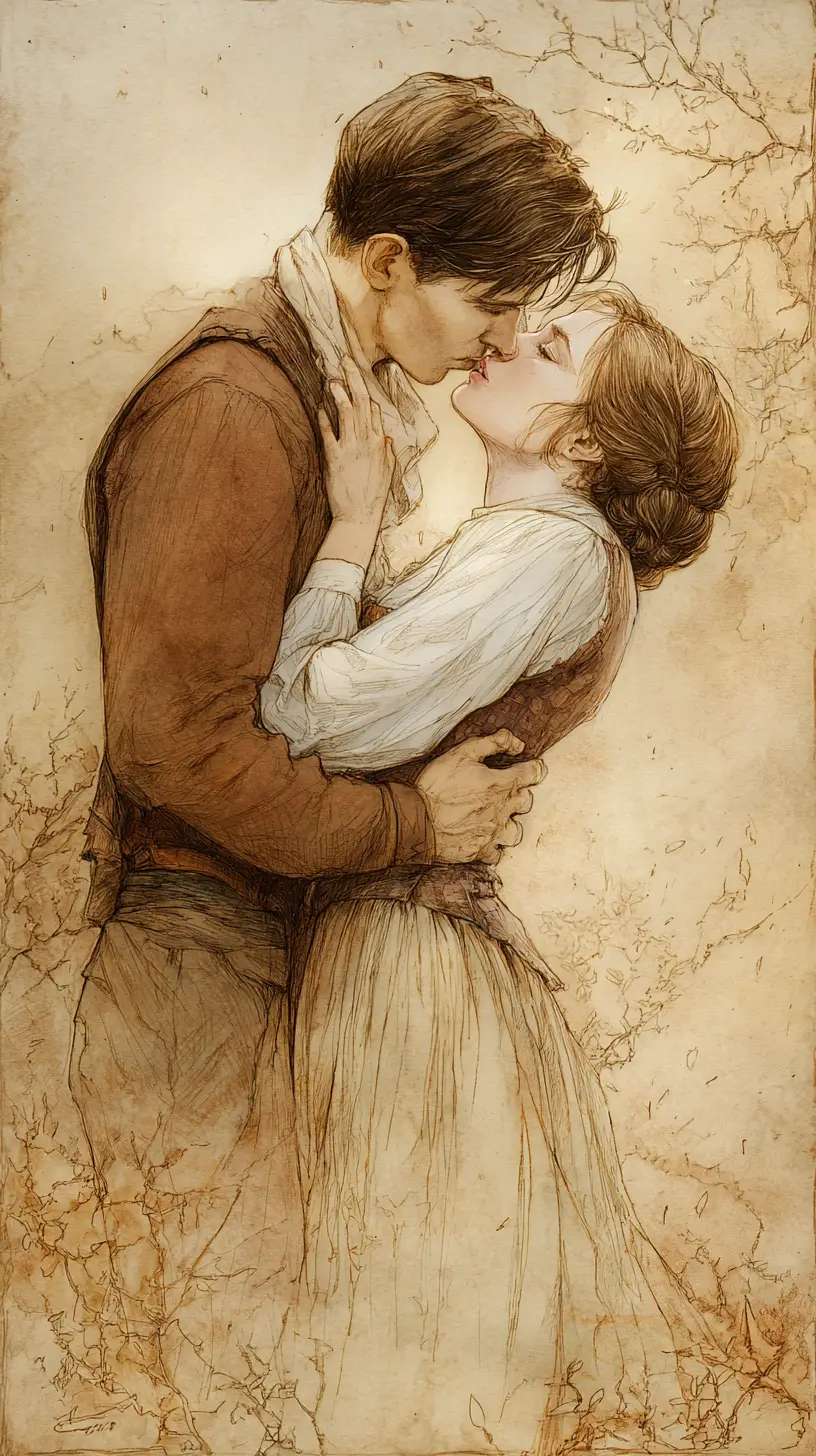 Casal romântico de 1690 se beijando em um jardim solarengo de mansão