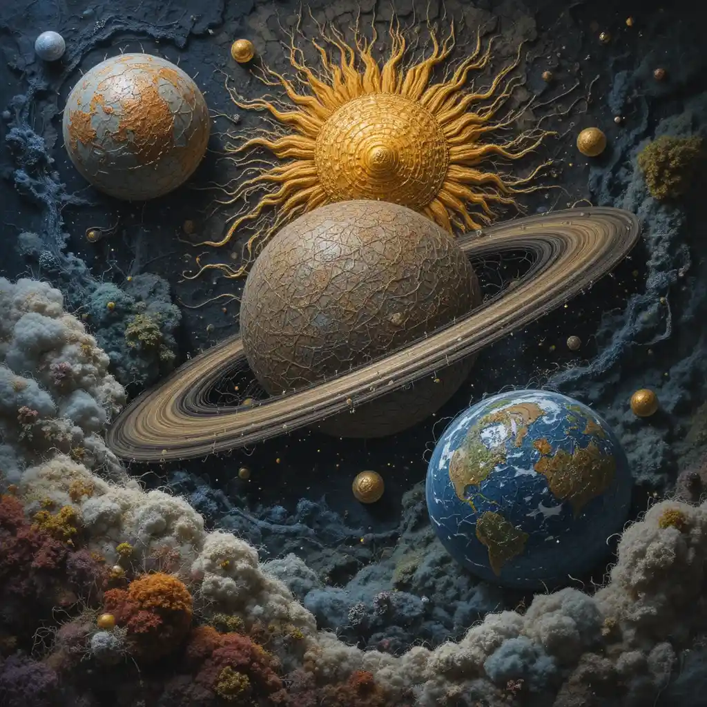 Visão onírica tricotada de Saturno, do Sol e da Terra