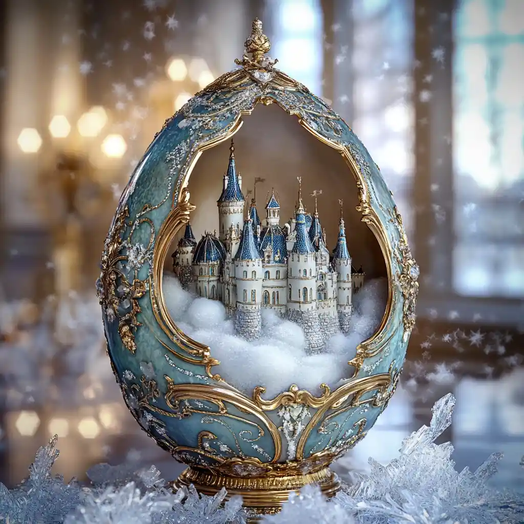 Uovo in stile Fabergé che rivela un minuscolo castello innevato