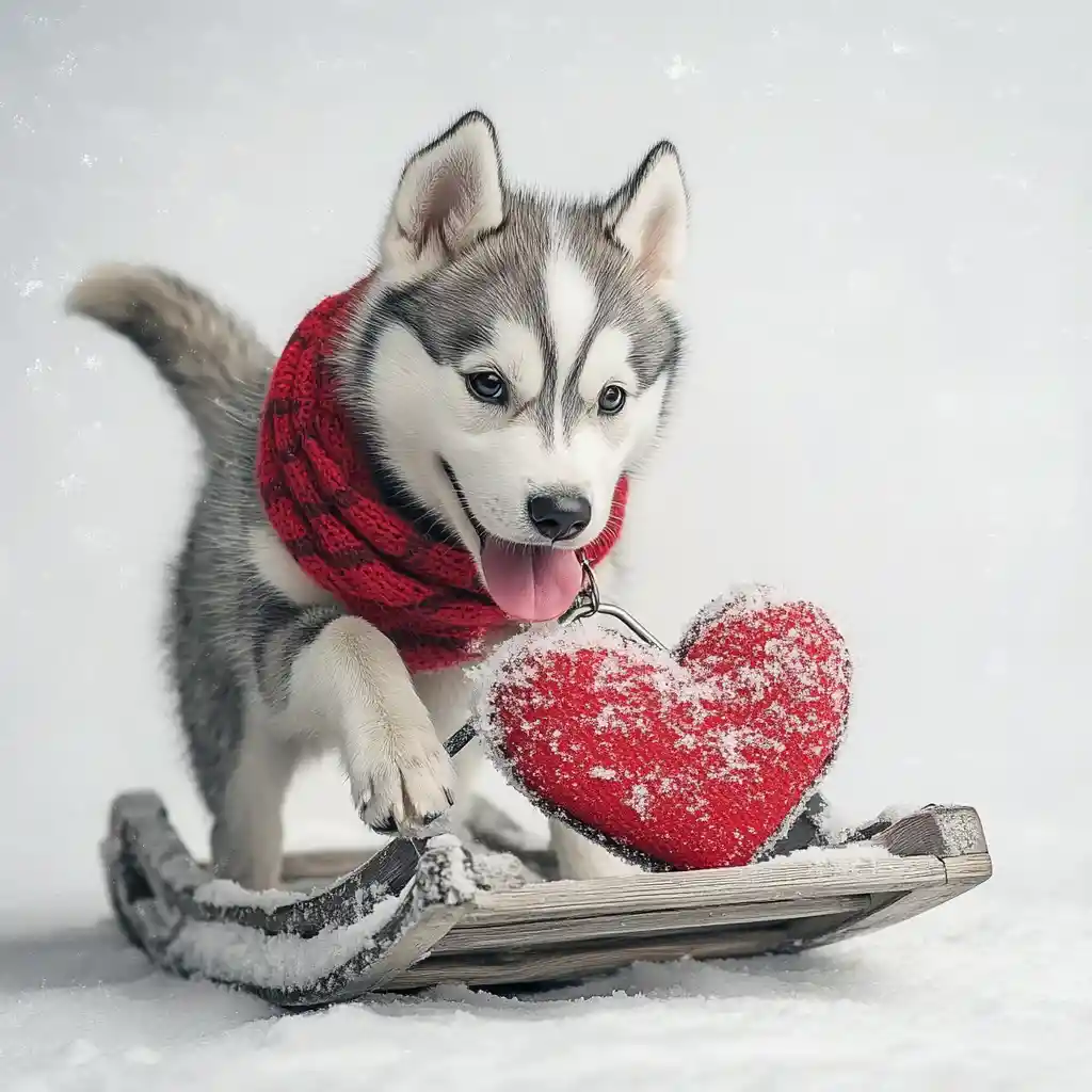 雪の中でハートのそりを引くかわいいハスキー犬