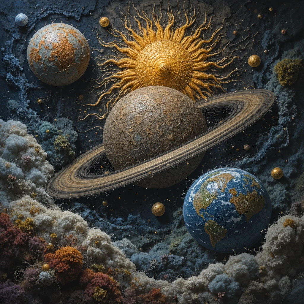 Visão onírica tricotada de Saturno, do Sol e da Terra