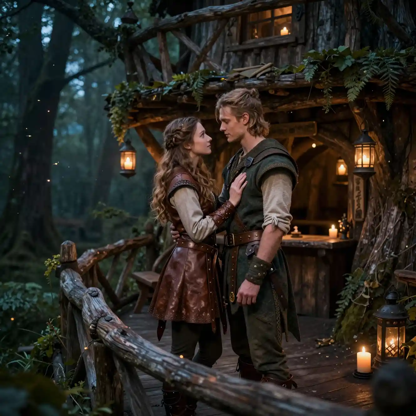 Fantasy couple embracing on a treehouse tavern terrace at night