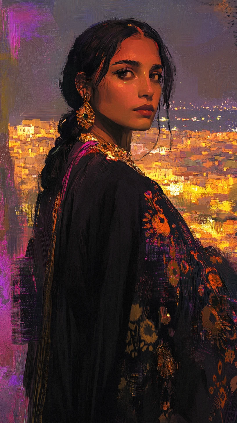Algerian woman in black karakou at sunset above the city