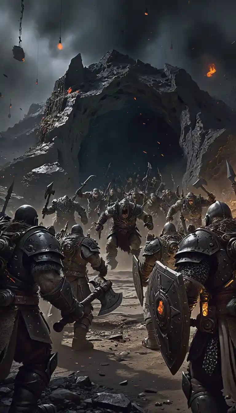 Guerreiros anões enfrentam horda furiosa de orcs em terra arrasada
