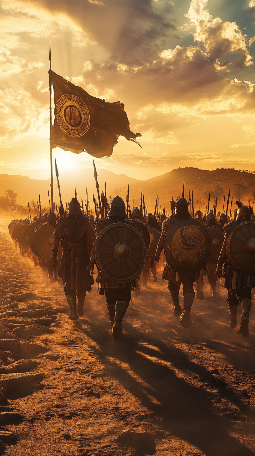 Guerriers numides marchant à travers un désert lumineux au coucher du soleil