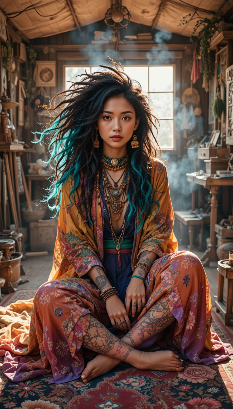 Bohemian Japanese artist in a sunlit wagon studio