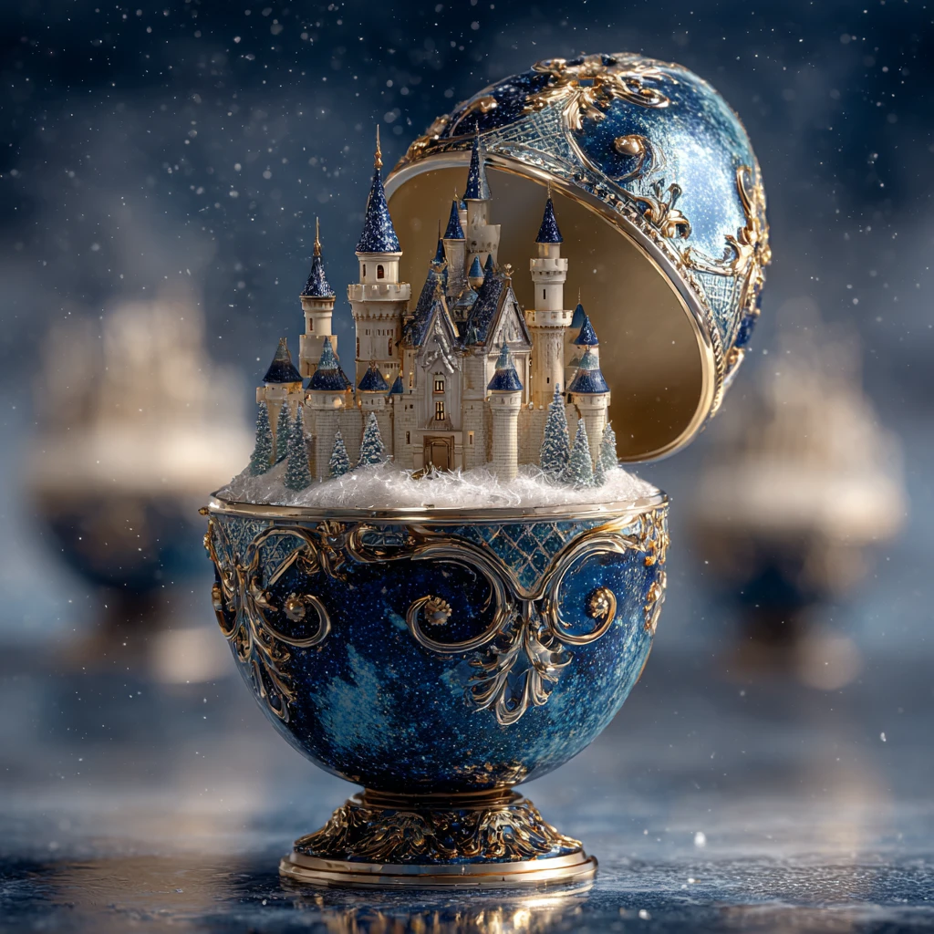 Huevo de estilo Fabergé con castillo en miniatura nevado en su interior