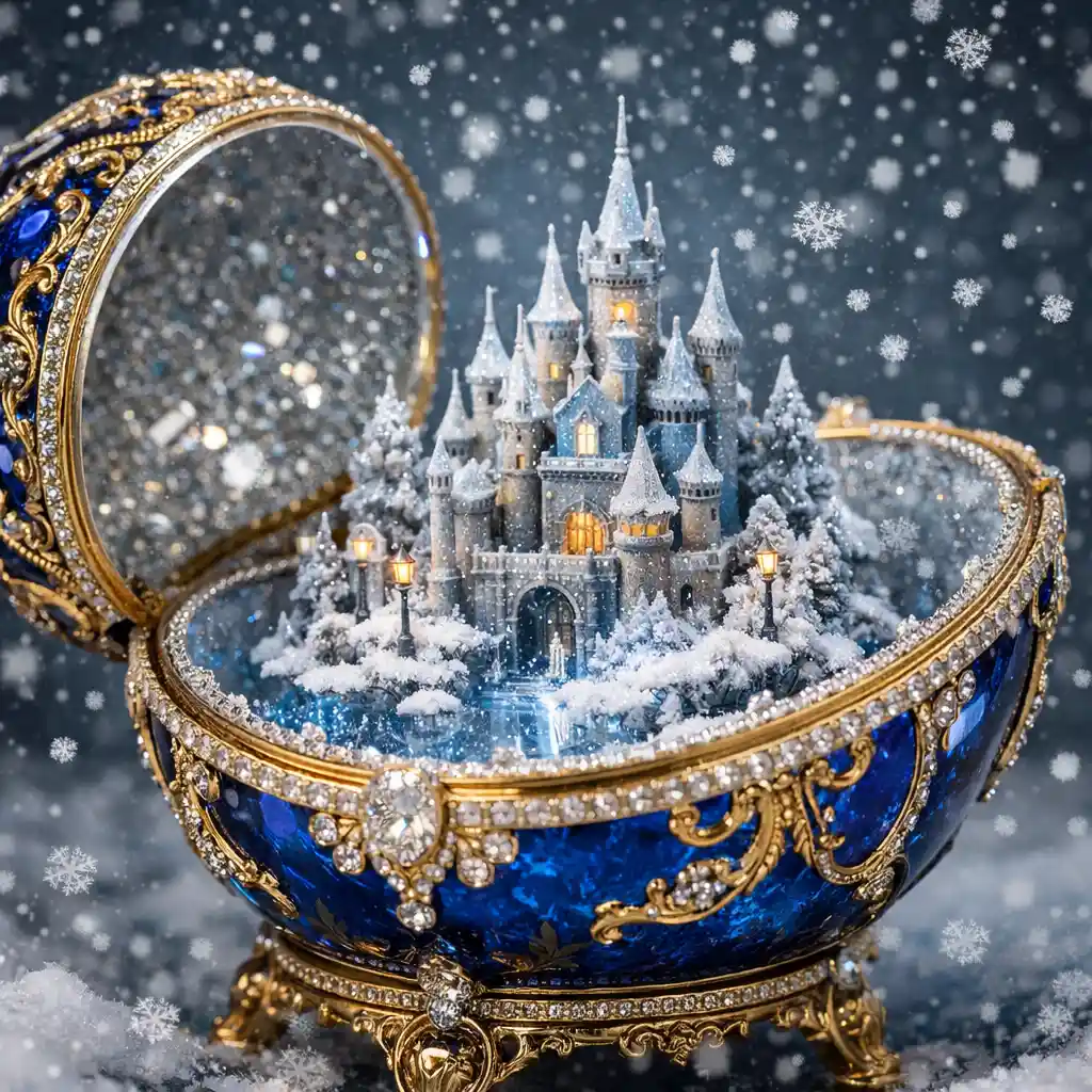 Ovo em estilo Fabergé aberto revelando castelo em miniatura nevado
