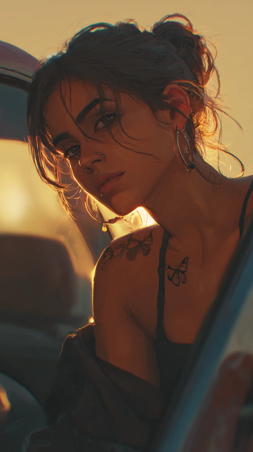 Donna latina appoggiata a un’auto al tramonto in realismo anime