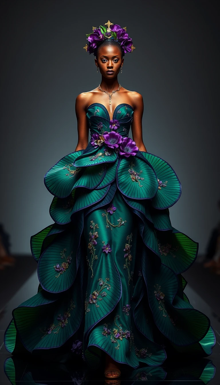 Femme afrofuturiste en robe de couture florale émeraude sur le podium