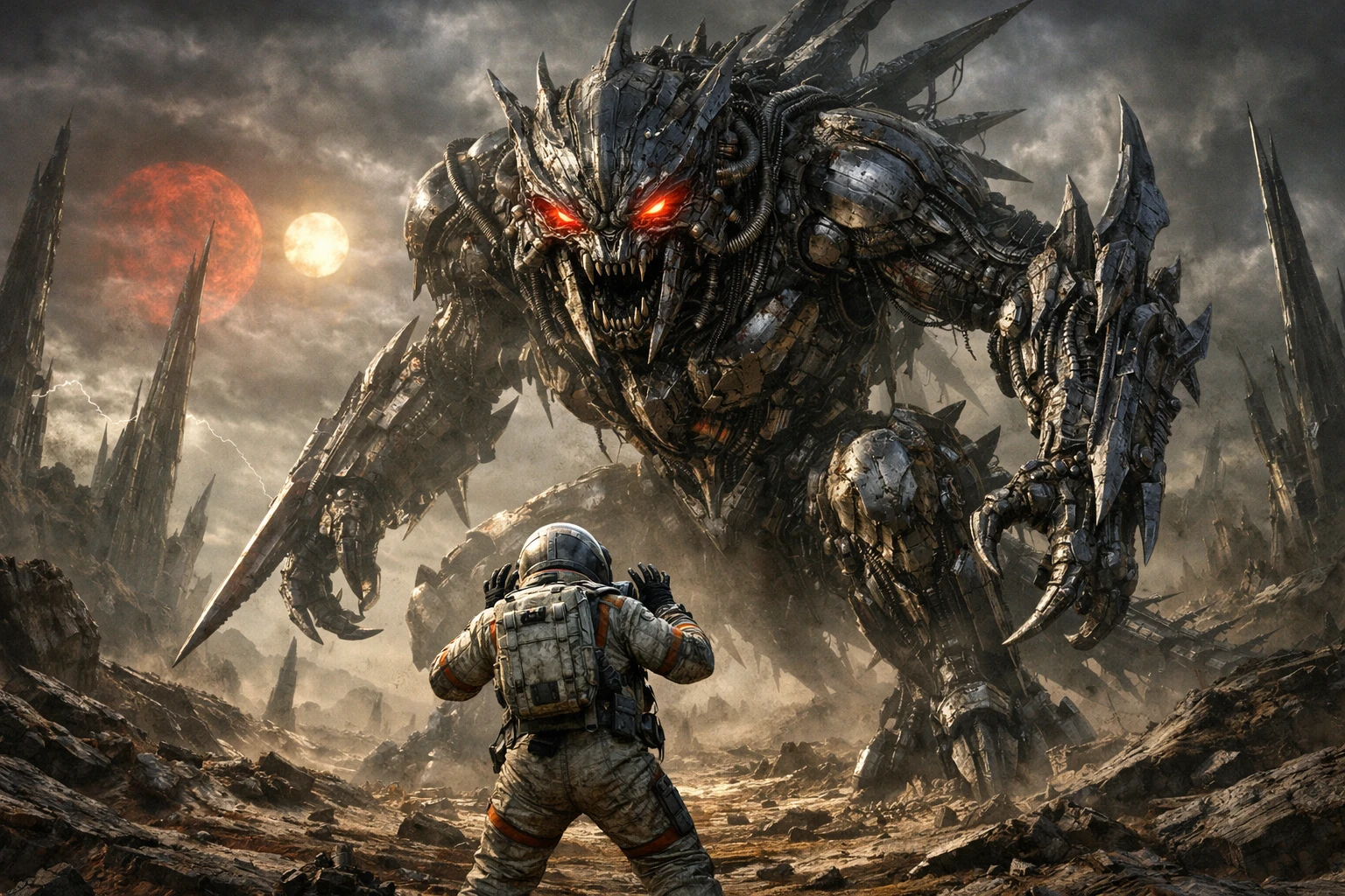 Astronauta enfrentando colossal monstro biomecânico em mundo alienígena