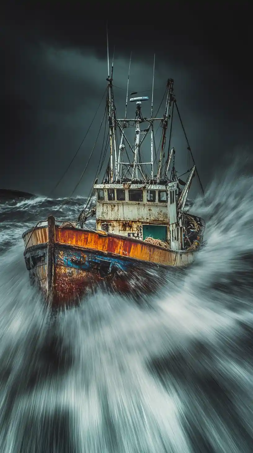 Barque de pêche colorée affrontant les vagues sur une mer orageuse