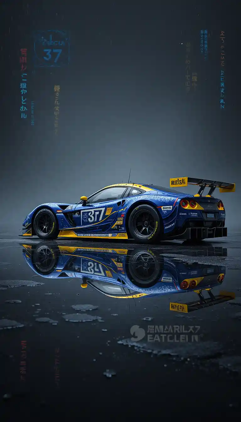 Blau-gelbes Rennauto in Seitenansicht auf nasser, reflektierender Strecke