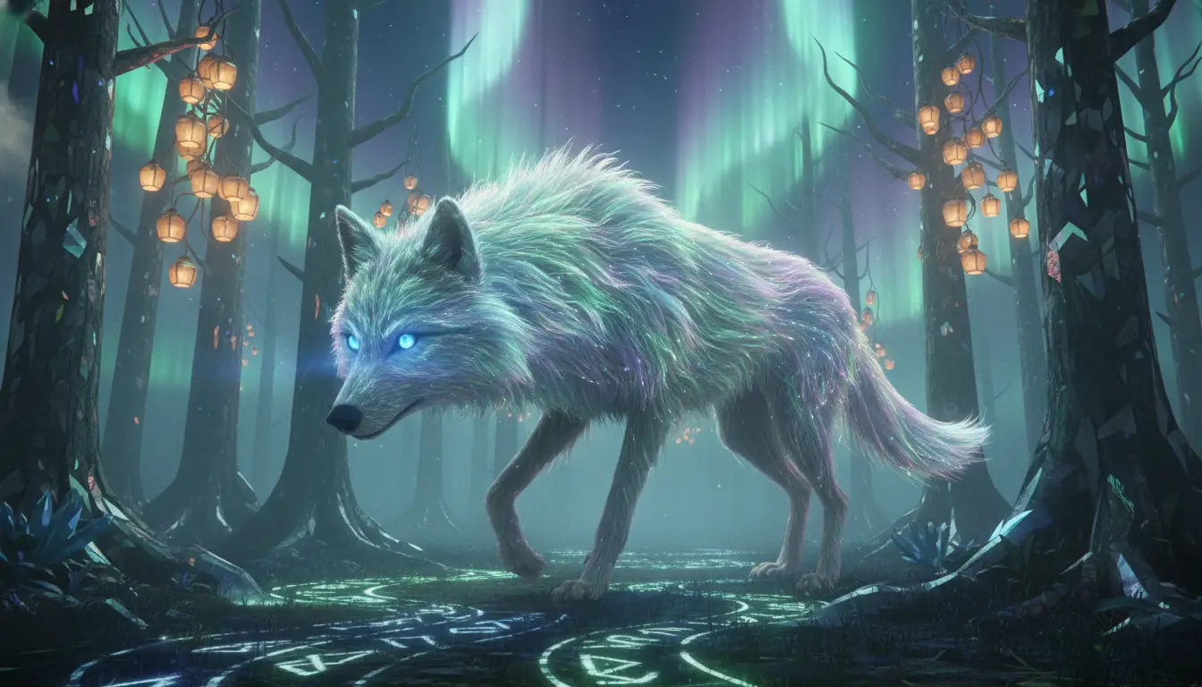 Loup spectral marchant dans une forêt fantastique de cristaux inversés