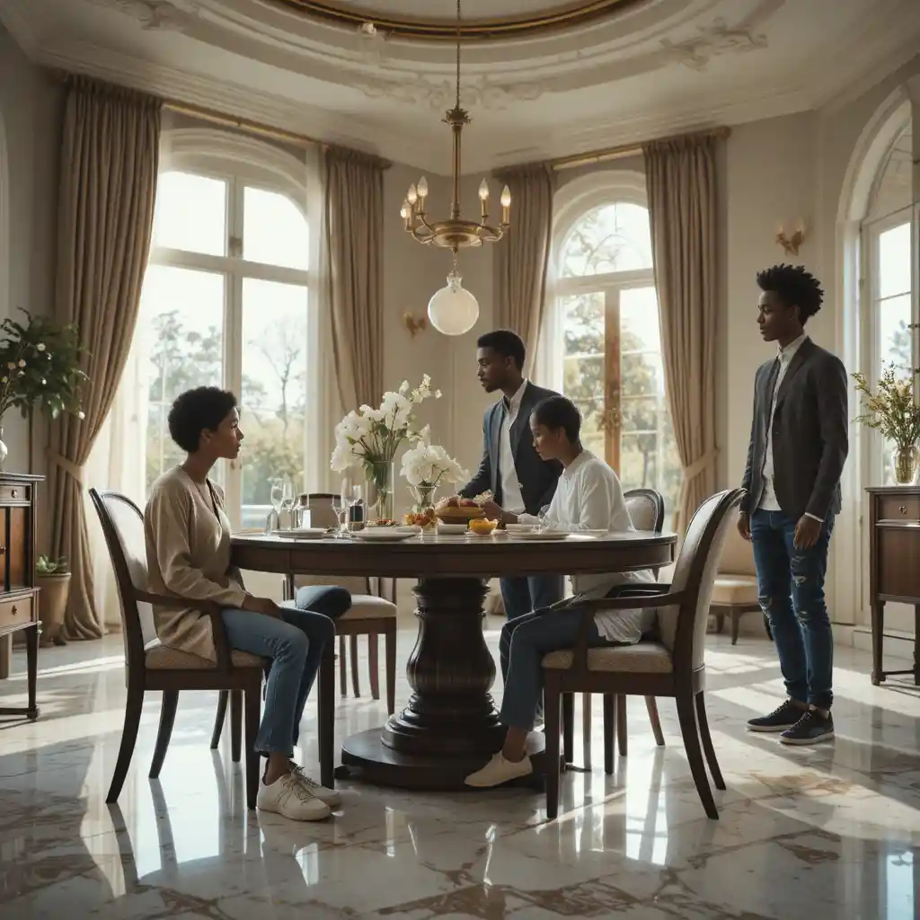 Gen Z daughter at breakfast table in a luxury home