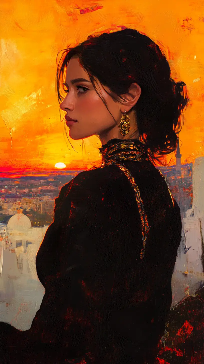 Algerian woman in black karakou at sunset over Algiers