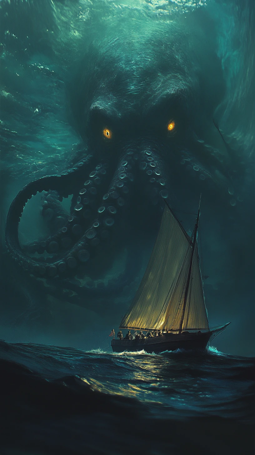 Giant octopus rising beneath a wooden sailboat at dusk