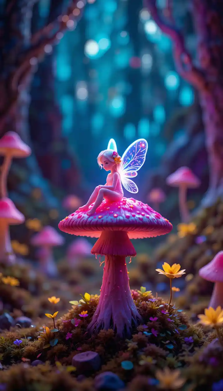 Piccola fata al neon che riposa in un campo di funghi luminosi