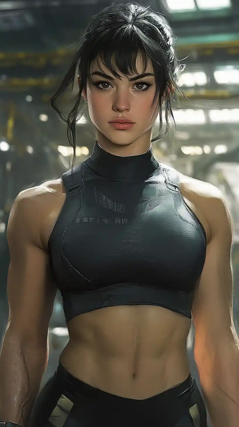 Futuristic Female Warrior Portrait In Spaceship Hangar