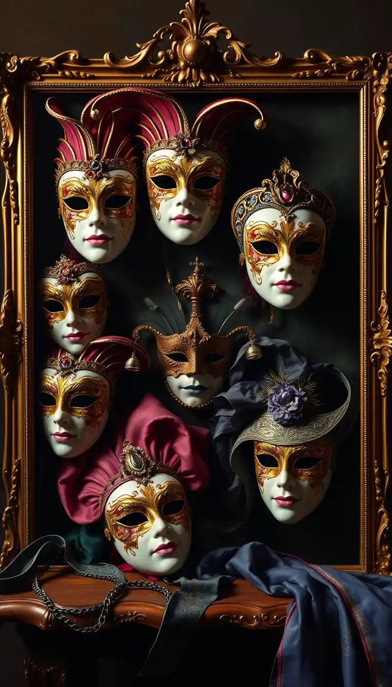 Venetian porcelain carnival masks in ornate framed display