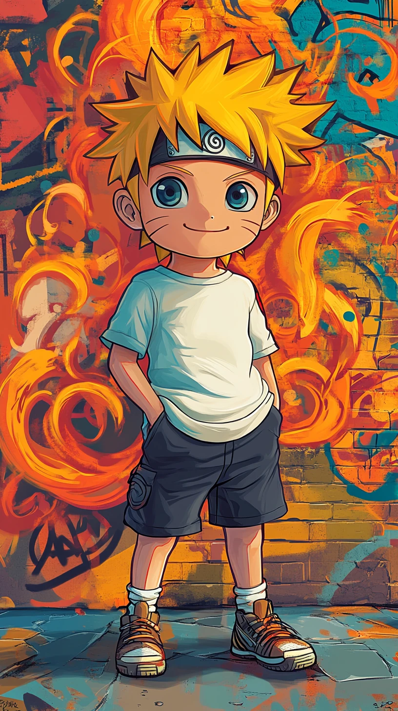 Chibi anime boy posing before fiery graffiti wall