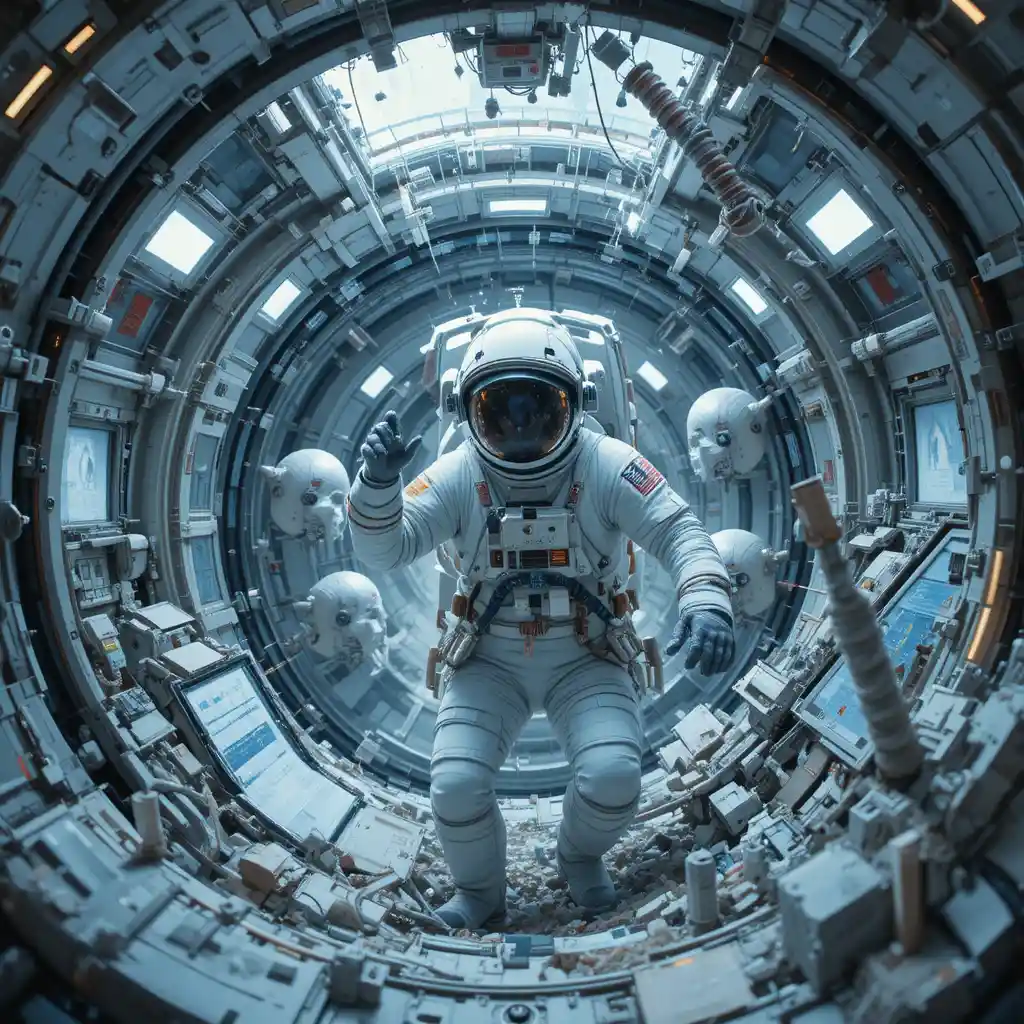 Astronauta che ripara un modulo di stazione spaziale danneggiato da meteoriti