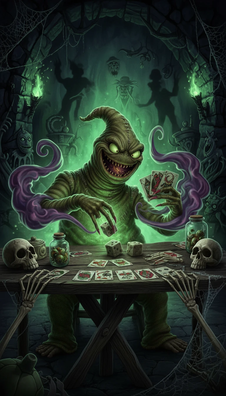 Monstro assustador em uma mesa com iluminação verde e sombria
