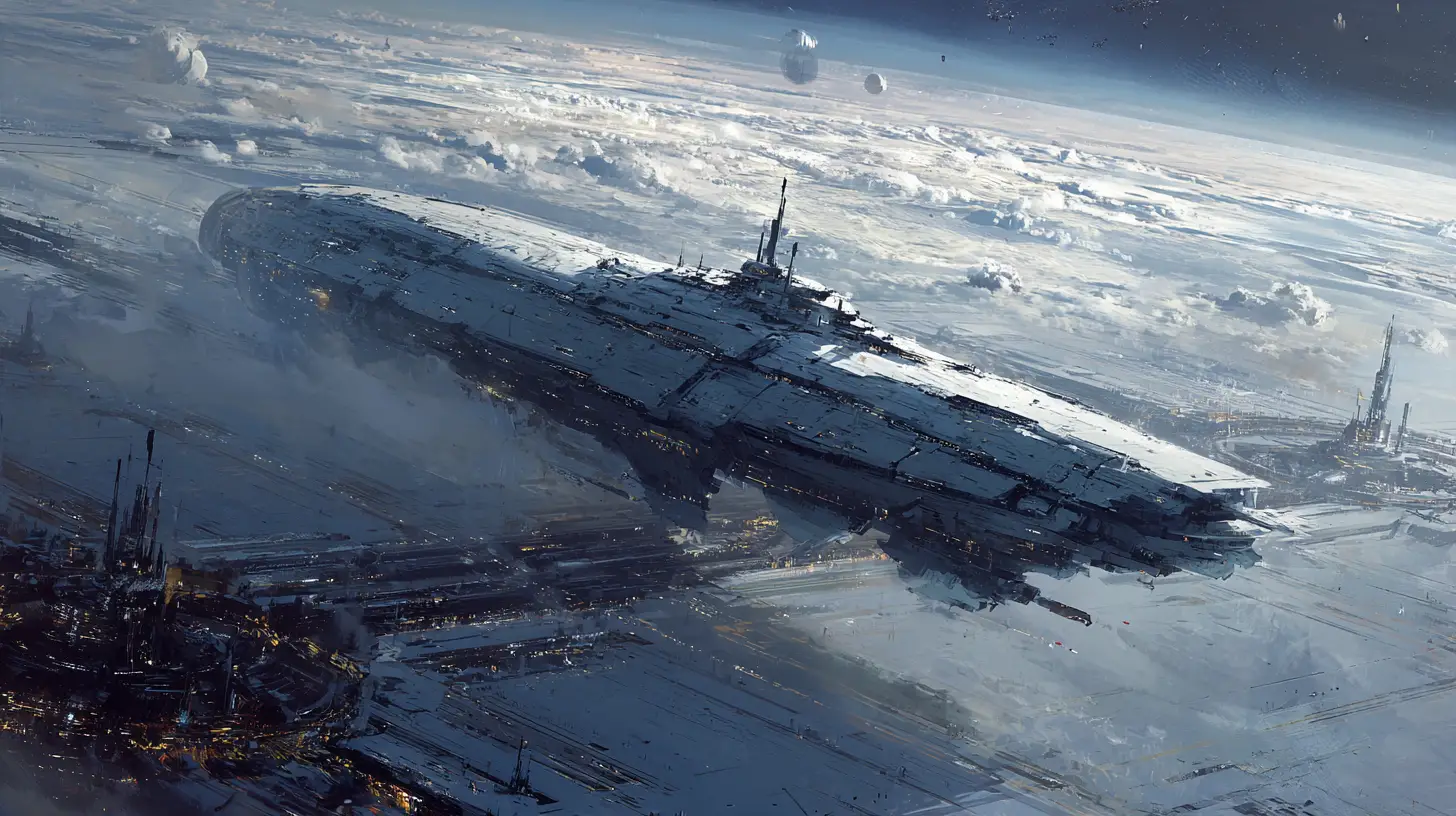 Oil painting of a spaceship gliding across an alien ocean