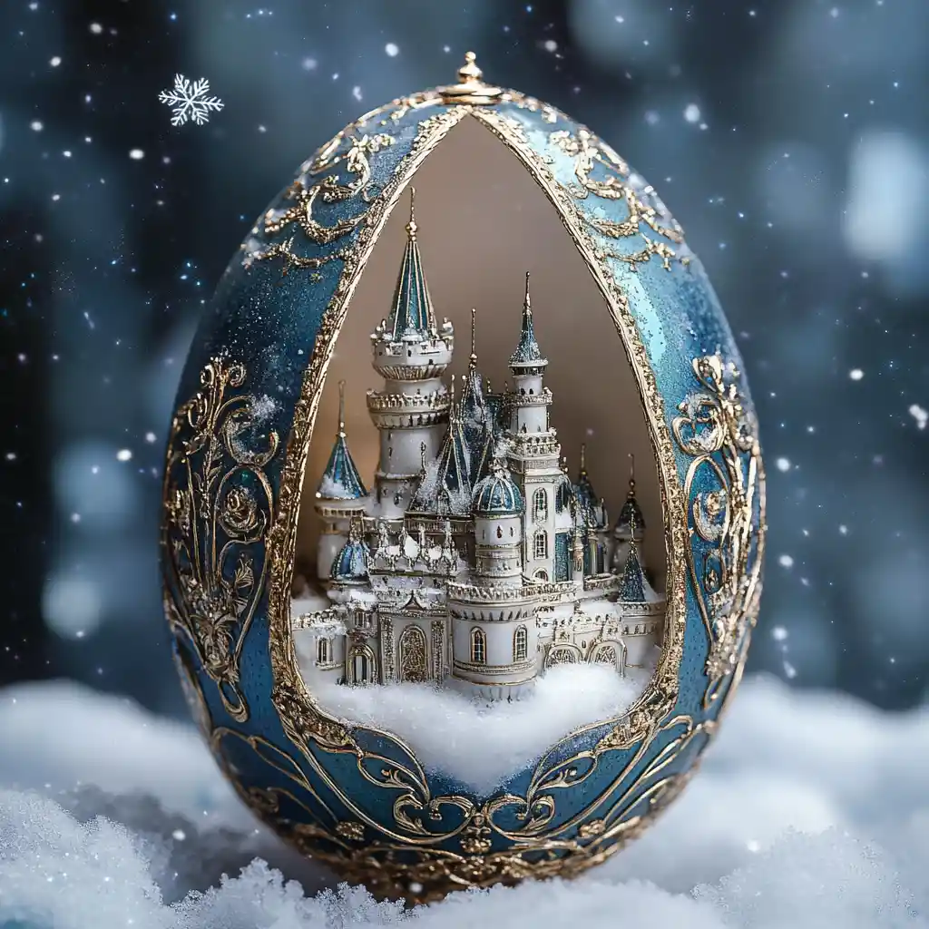 Ovo em estilo Fabergé com mini castelo de neve dentro
