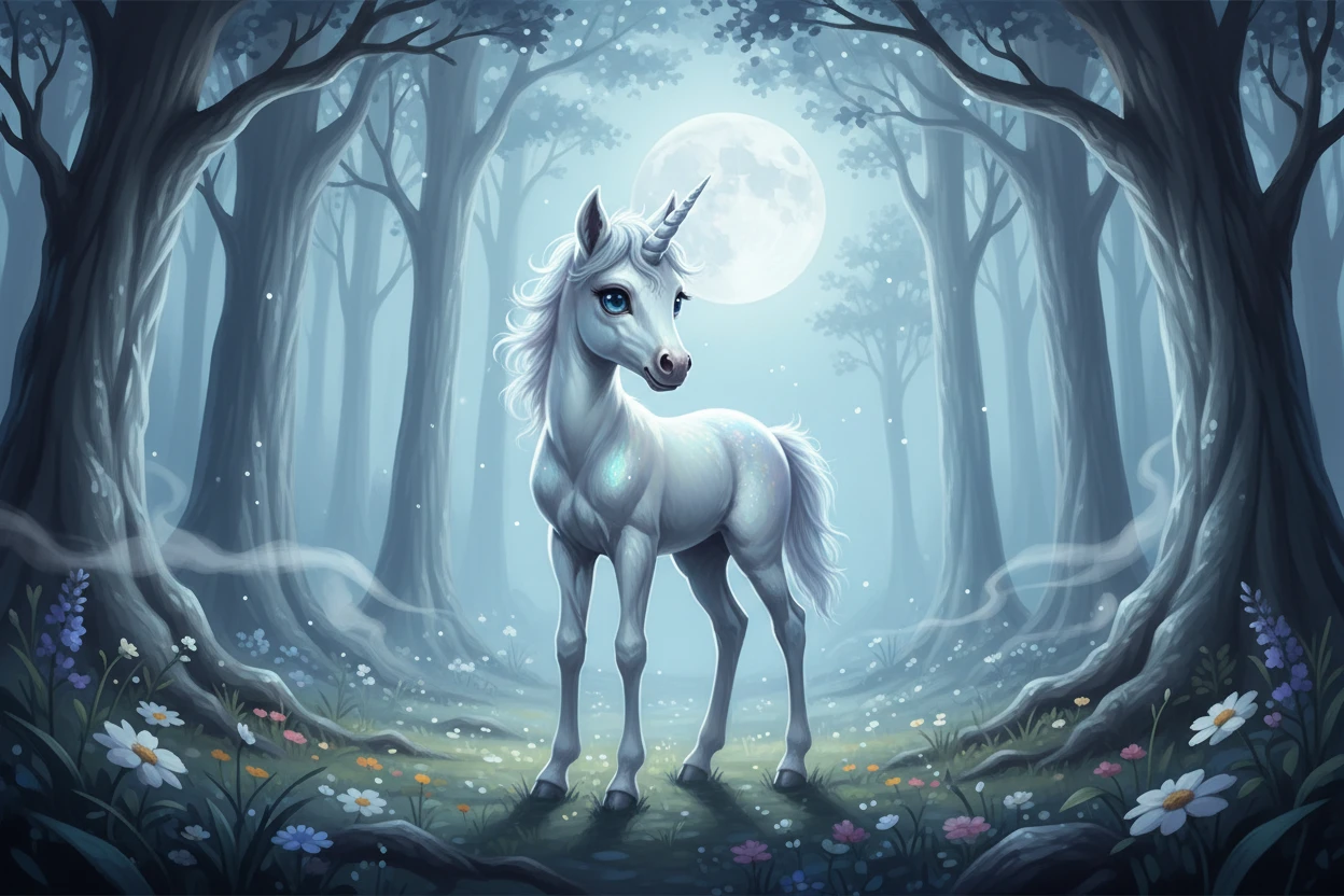 Cucciolo di unicorno in una radura di foresta incantata al chiaro di luna
