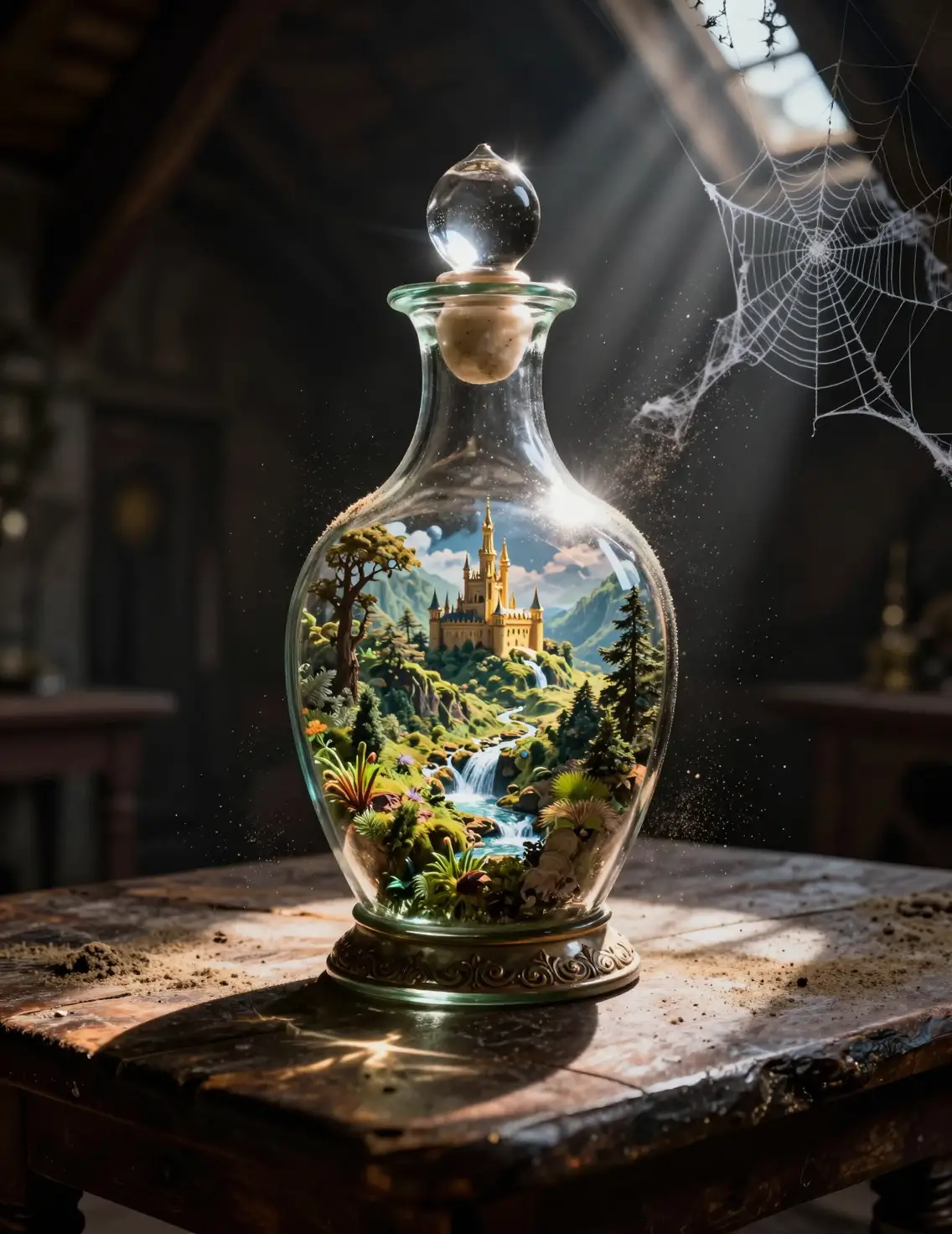 Decanter di vetro luminoso che rivela una piccola valle incantata