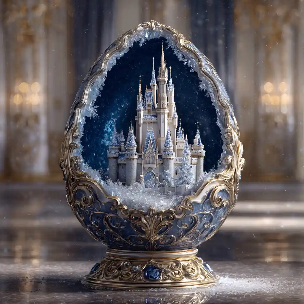 Ovo em estilo Fabergé com miniatura de castelo de neve dentro