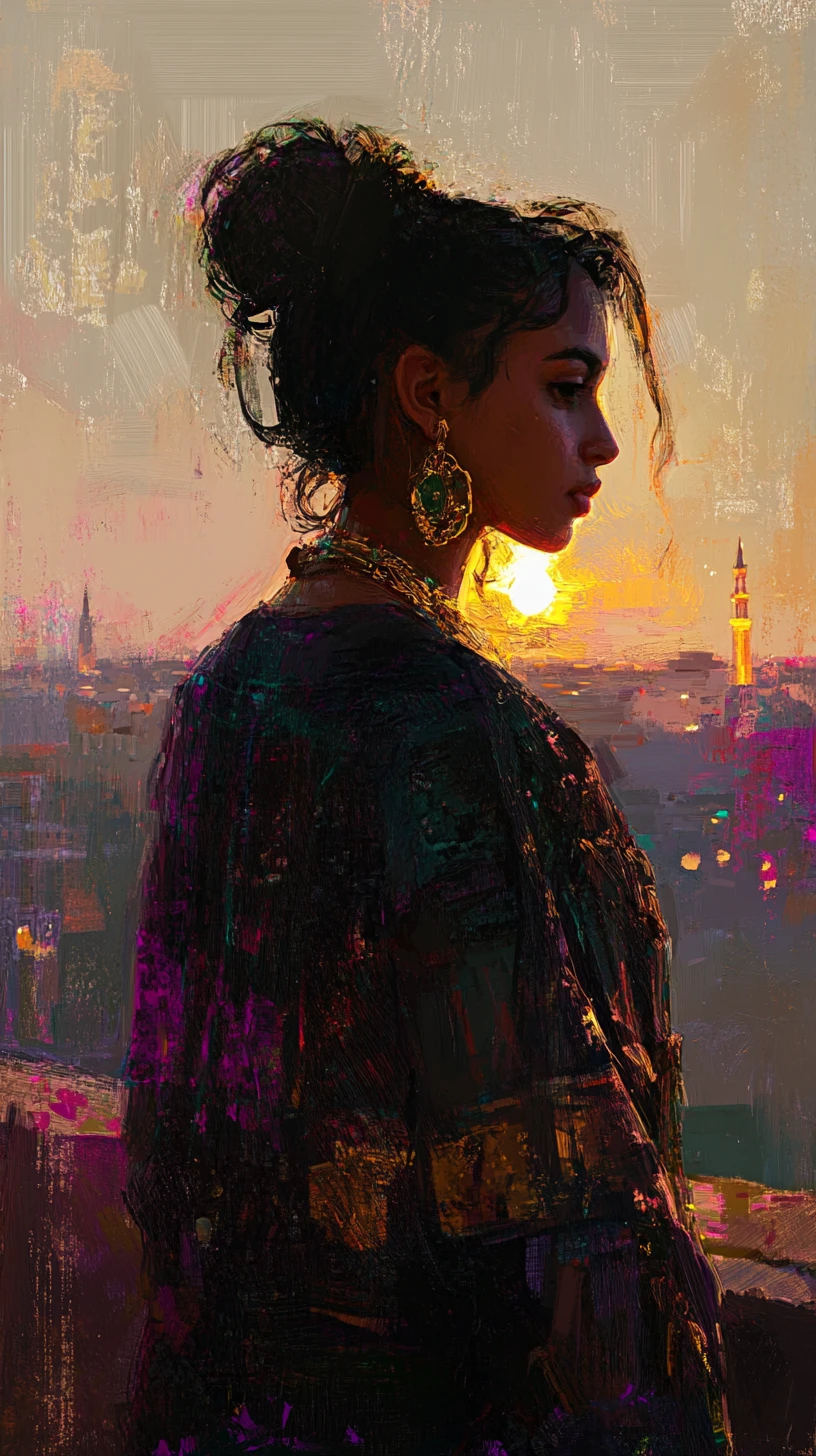 Algerian woman in black karakou at sunset over the city