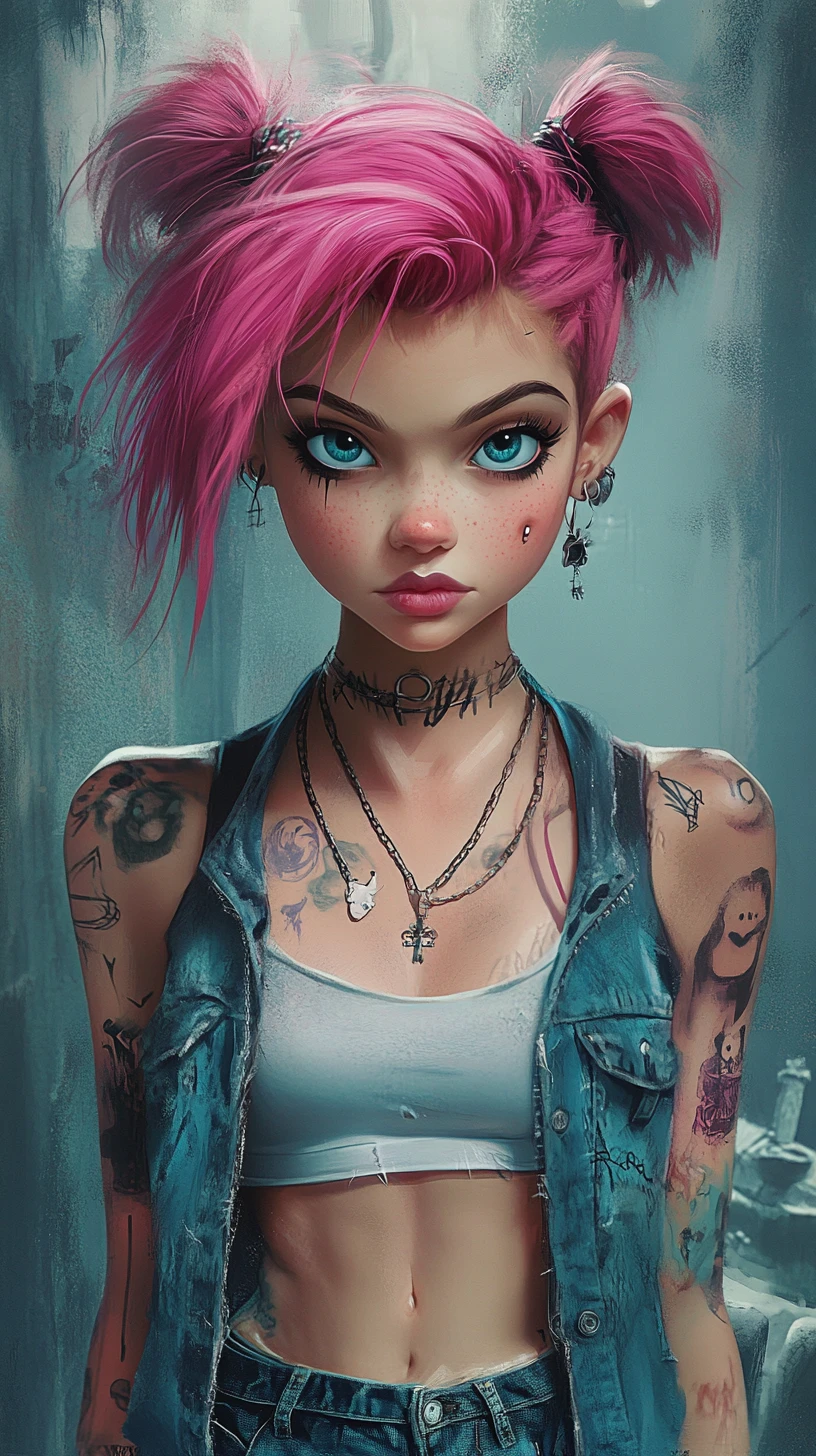 Pink haired punk goth girl in a dark cemetery