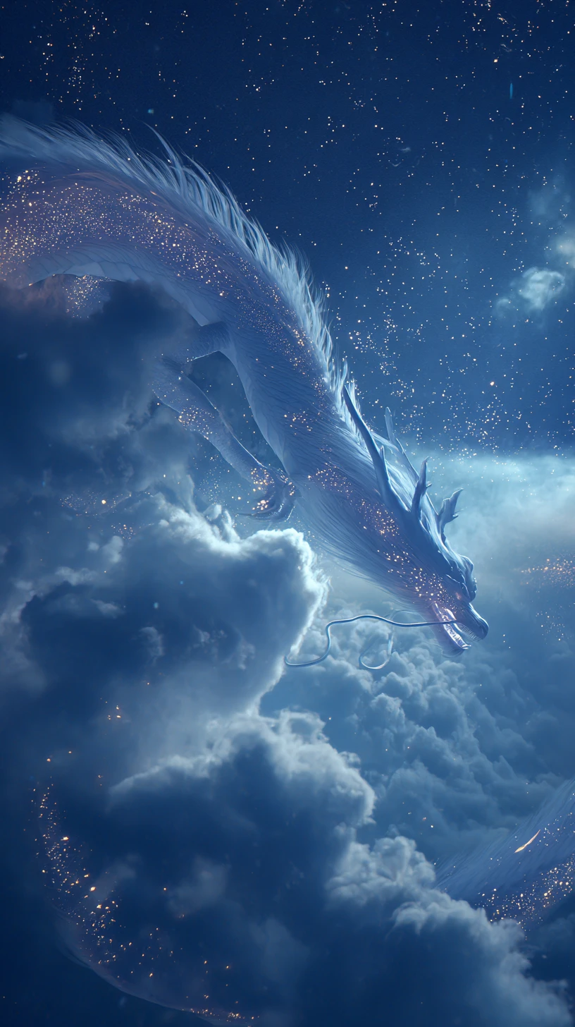 幻想的な星空を飛ぶ荘厳な白いドラゴン