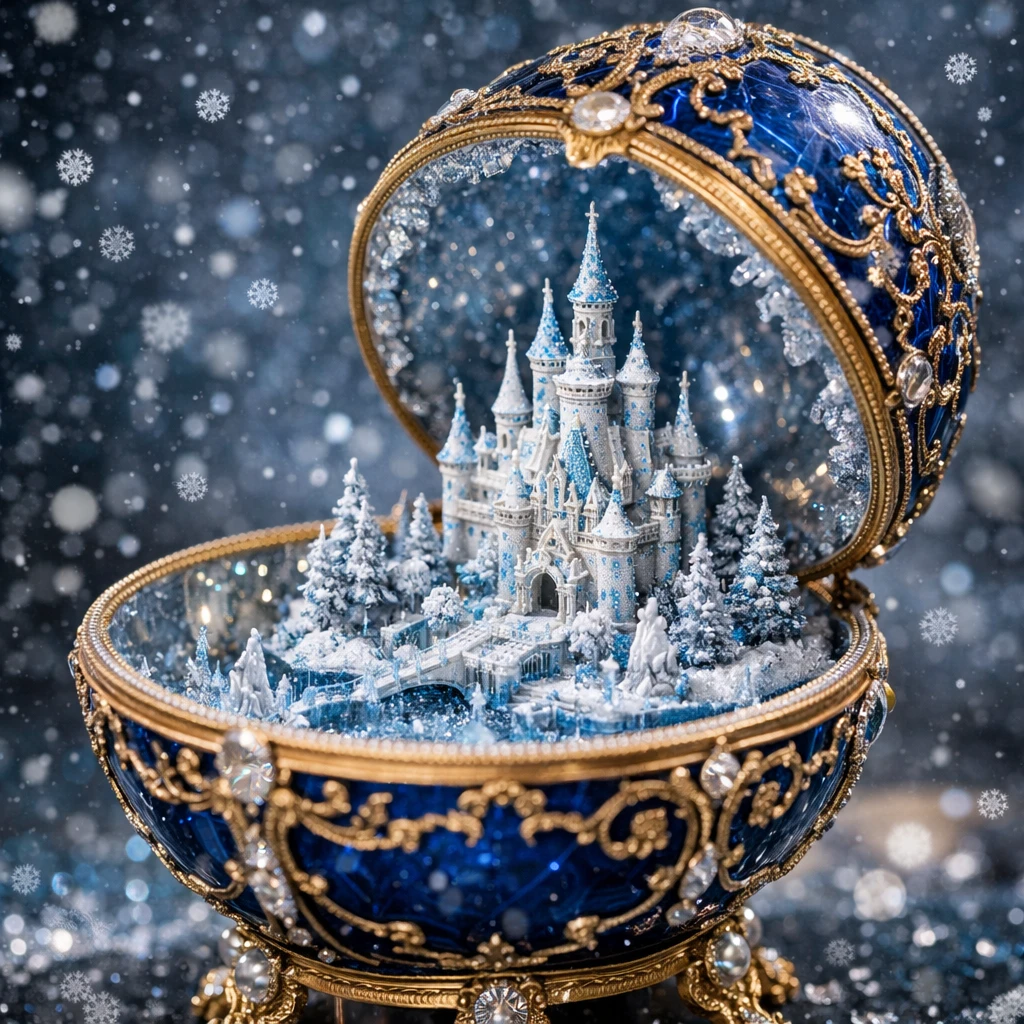 Huevo al estilo Fabergé con mini castillo de nieve en su interior