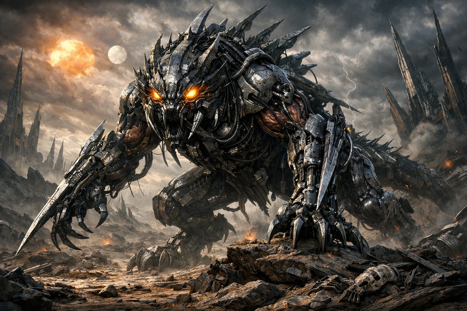 Colossal fera biomecânica em um mundo alienígena devastado