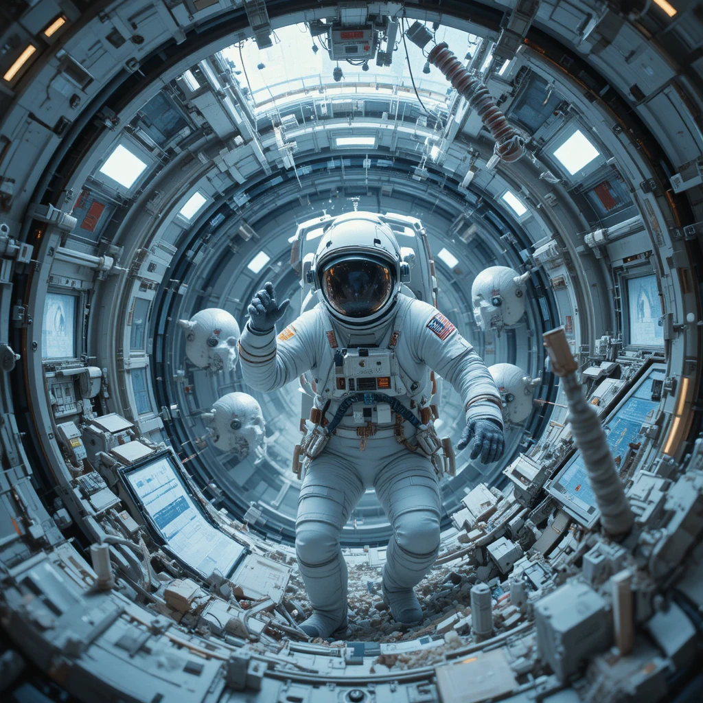 Astronauta che ripara un modulo di stazione spaziale danneggiato da meteoriti