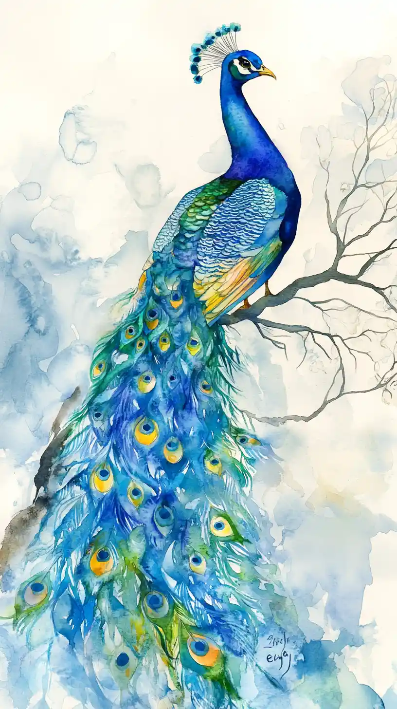 Pavão elegante em aquarela pousado graciosamente em um galho