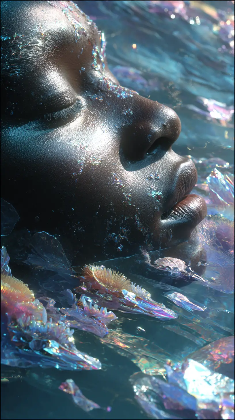 Afrofuturistic woman merging with a surreal ocean