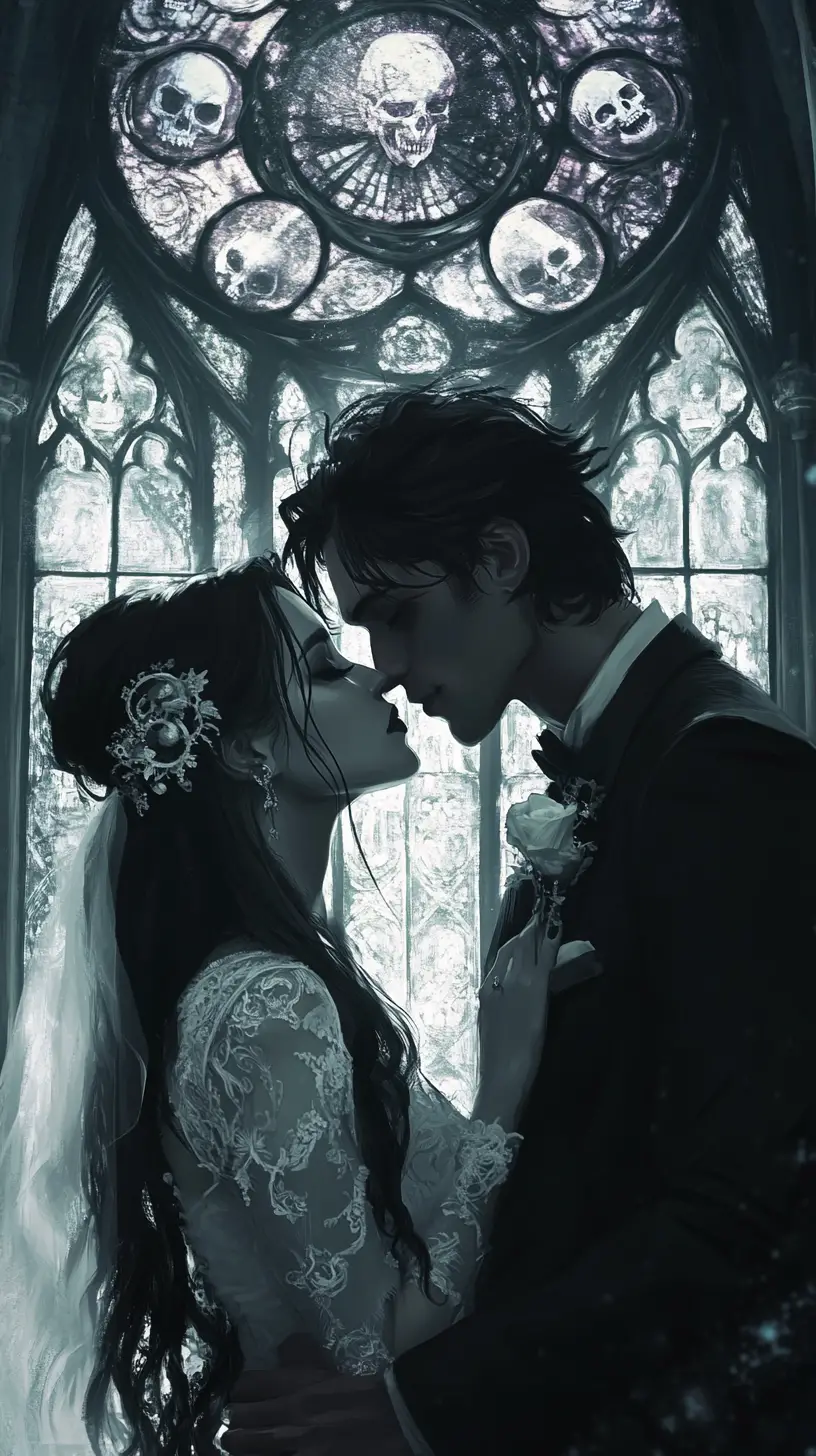 Matrimonio in cattedrale gotica con sposi in stile goth