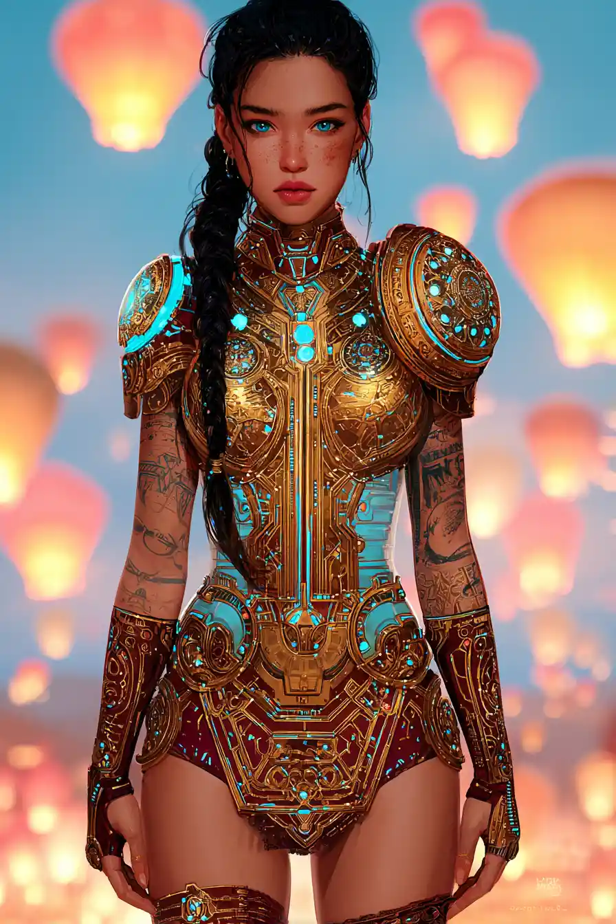 Arabian warrior woman in neon oasis under twin moons